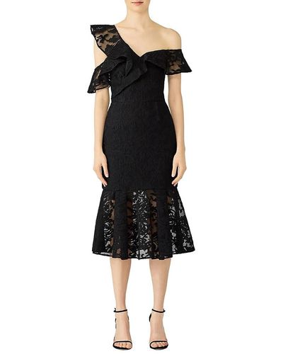 Monique Lhuillier Lace Ruffle One Shoulder Midi Dress - Black