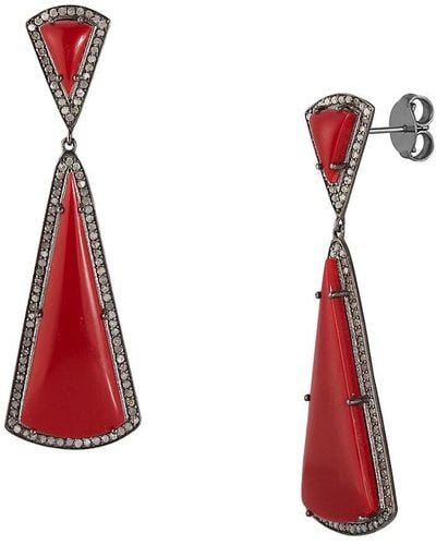Banji Jewelry Rhodium Sterling Silver, Coral & Diamond Drop Earrings - Red