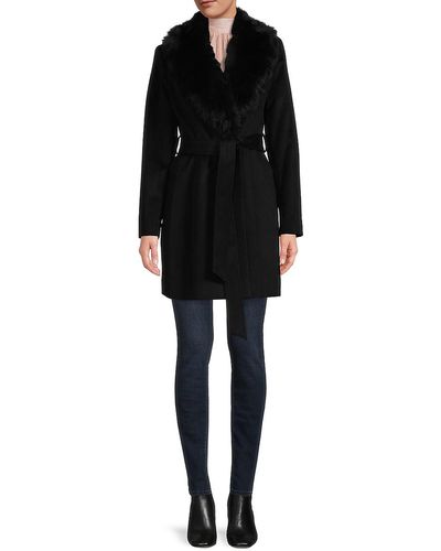 Sofia Cashmere Shearling Collar Wrap Coat - Black