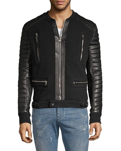 Balmain Leather Moto Zip Front Jacket - Black