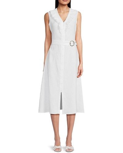 Saks Fifth Avenue Belted Ruffle Trim 100% Linen Midi Dress - White