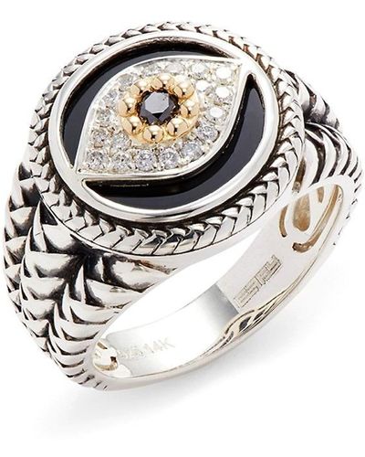 Effy 14k Yellow Gold, Sterling Silver, Onyx, 0.32 Tcw White & Black Diamond Statement Ring
