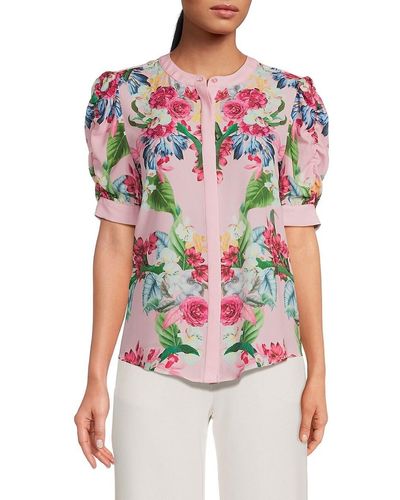 Tahari 'Floral Ruched Sleeve Blouse - White