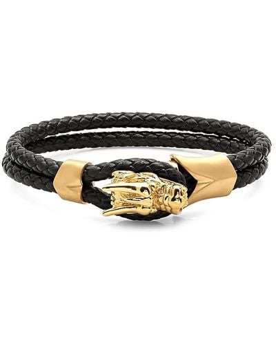 Anthony Jacobs 18k Goldplated Stainless Steel & Braided Leather Dragon Head Bracelet - Black