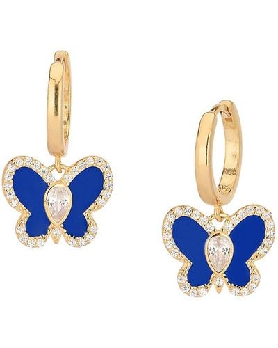 Gabi Rielle 14k Yellow Gold Vermeil, Crystal & French Enamel Butterfly Huggies Earrings - Blue