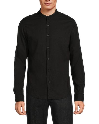 Saks Fifth Avenue Band Collar Linen Blend Shirt - Black