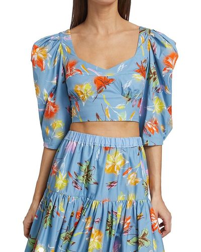 Tanya Taylor Aileen Cropped Floral Puff Sleeve Top - Blue