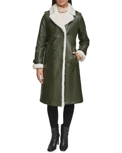 Kenneth Cole Faux Shearling Trim Double Breasted Coat - Green