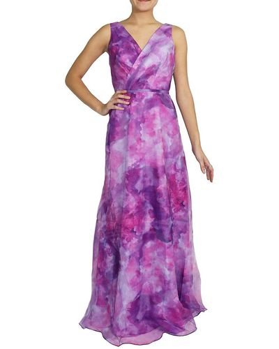 Rene Ruiz Watercolor Organza Surplice Gown - Purple