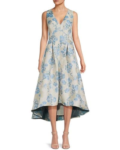 Eliza J Floral Metallic Jacquard Pleated High Low Dress - Blue