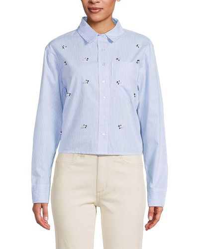 Lea & Viola Embellished Stripe Button Down Shirt - Blue