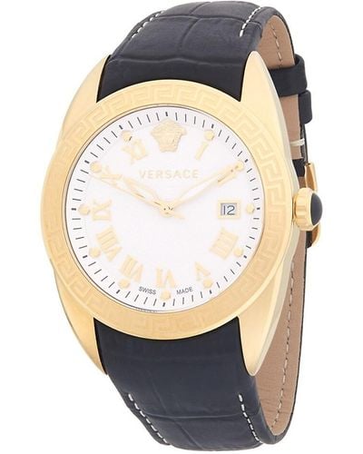 Versace Stainless Steel And Leather-strap Watch - Blue
