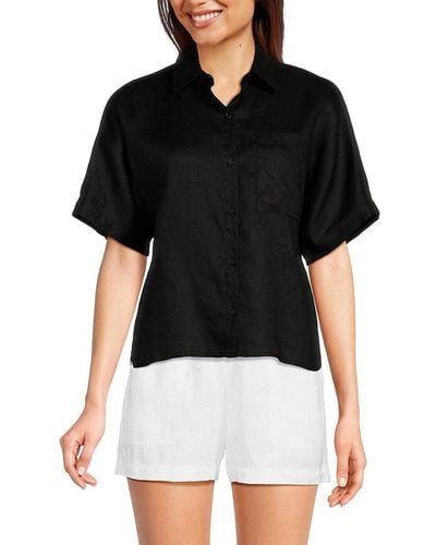Saks Fifth Avenue Short Sleeve 100% Linen Shirt - Black