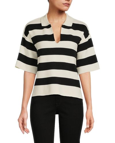 Elie Tahari Stripe Short Sleeve Polo Sweater - Black