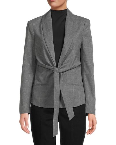 Donna Karan Tie Front Plaid Blazer - Grey