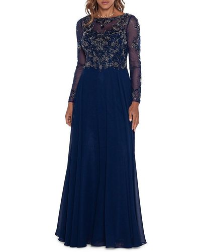 Xscape Embellished Long Sleeve Chiffon A-line Gown - Blue