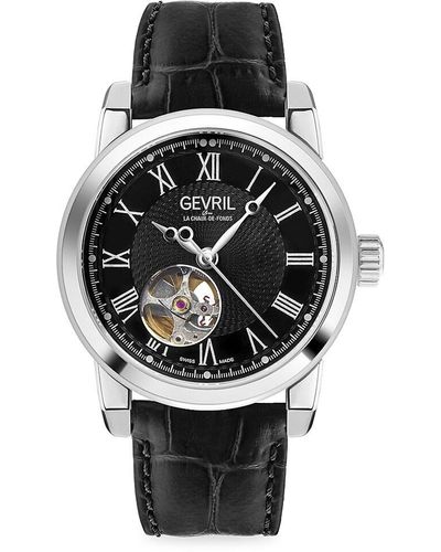 Gevril Madison Swiss Automatic Stainless Steel & Leather Strap Watch - Black