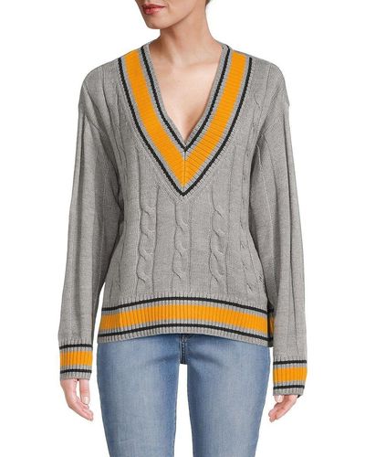 Tommy Hilfiger V Neck Cable Knit Varsity Sweater - Orange