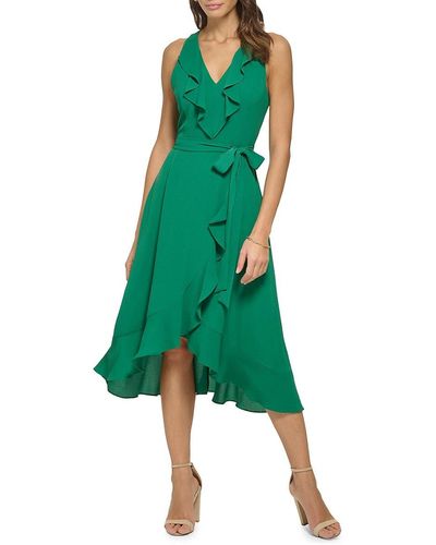 Kensie Belted Ruffle Asymmetric Midi Dress - Green