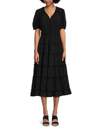 FOCUS BY SHANI Ruffle Trim Tiered Midi Dress - Black