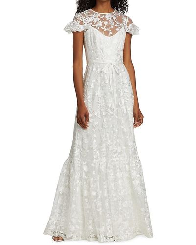 Monique Lhuillier Embroidered Floral Mesh Dress - White