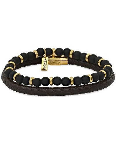 Hickey Freeman 2-piece 18k Yellow Goldplated Sterling Silver, Black Lava & Leather Beaded Bracelet Set