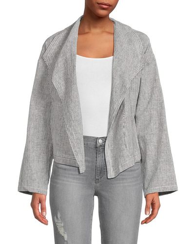 Max Studio Striped Linen Blend Open Front Jacket - Grey