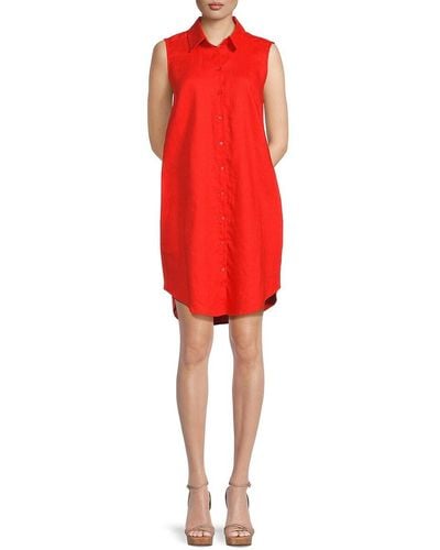 Saks Fifth Avenue High Low 100% Linen Shirtdress - Red