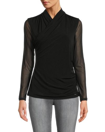 Calvin Klein Semi Sheer Sleeve Draped Top - Black