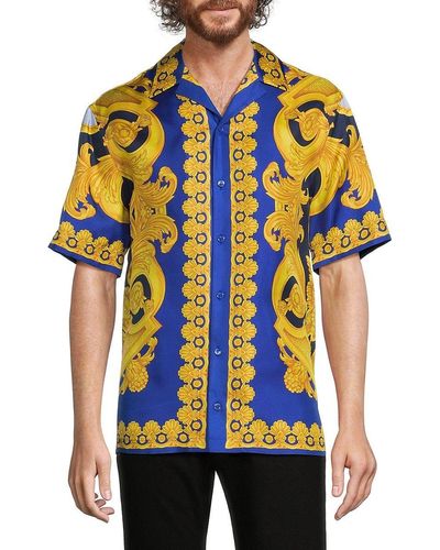 Versace Heritage Silk Short Sleeve Button Down Shirt in Yellow for Men