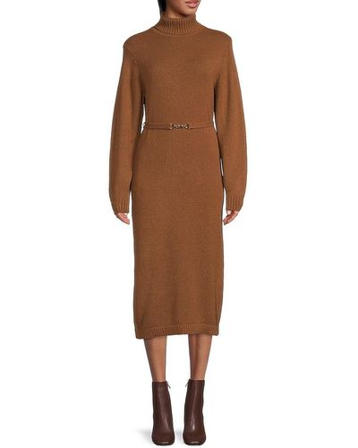 Saks Fifth Avenue Belted Turtleneck Sweater Dress - Brown