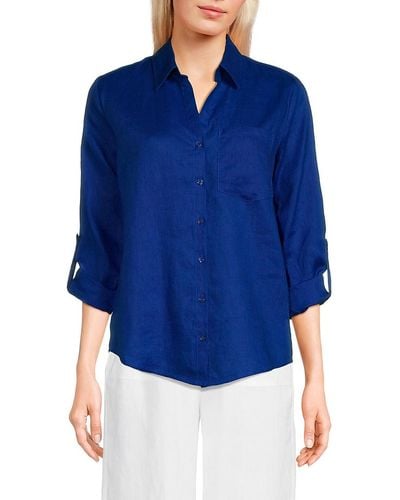 Saks Fifth Avenue 100% Linen Patch Pocket Shirt - Blue
