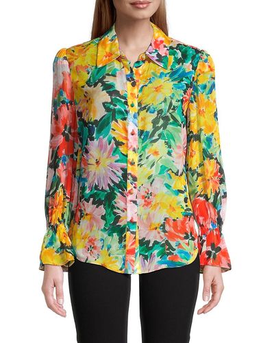 MILLY Lacey Garden Floral Silk Chiffon Blouse - Green
