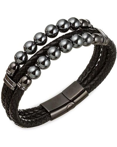 Eye Candy LA Leather, Titanium & Agate Beads Braided Bracelet - Black