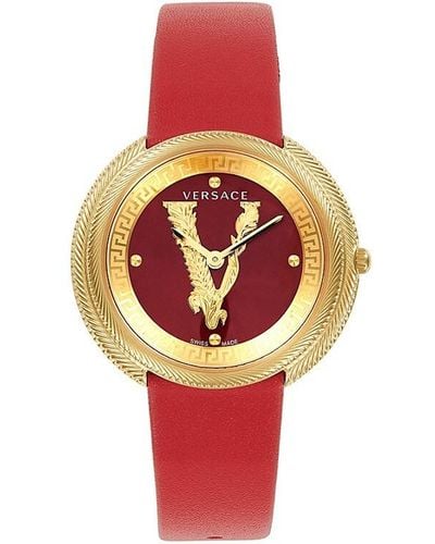 Versace 38Mm Stainless Steel & Leather Strap Watch - Red
