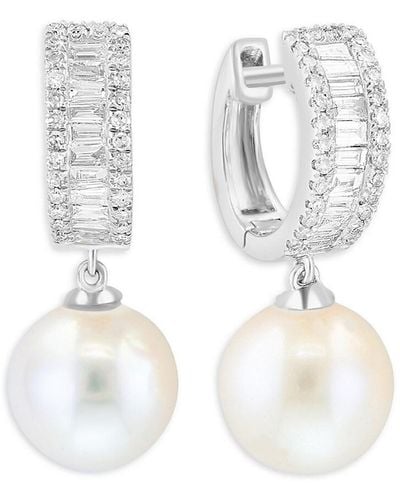 Effy 14K, 9Mm Freshwater Pearls & 0.54 Tcw Diamond Huggie Earrings - White