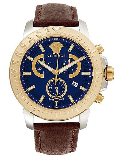 Versace 45mm Stainless Steel & Leather Chronograph Watch - Blue