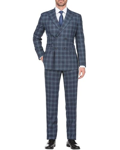 English Laundry Double Breasted Plaid Wool Blend Suit - Blue