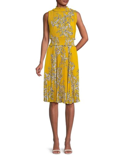 Nanette Lepore Pleated Floral Fit & Flare Midi Dress - Yellow