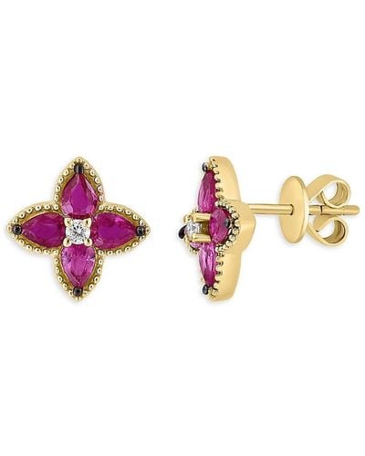 Effy 14K, Diamond & Flower Stud Earrings - Pink