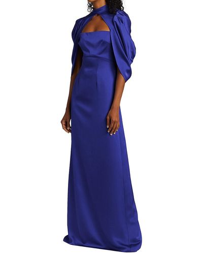 THEIA Carrie Satin Cape-sleeve Gown - Blue
