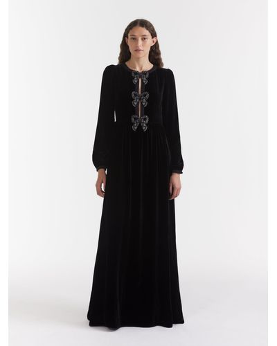 Saloni Camille Velvet Embellished Bows Long Dress - Black