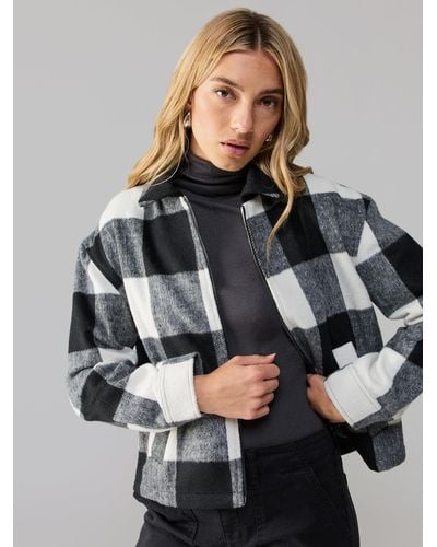 Sanctuary Cropped Boy Shirt Zip Up Jacket Checkmate - Gray
