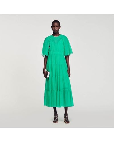 Sandro Midi Dress With Rhinestone Neck - Green