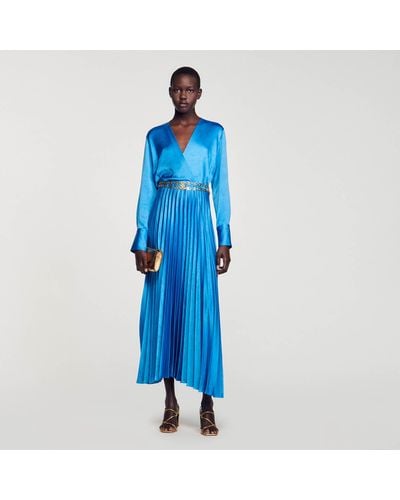 Sandro Pleated Satin-Effect Midi Dress - Blue