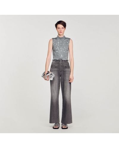 Sandro Smocked Top With Sequins - Grey