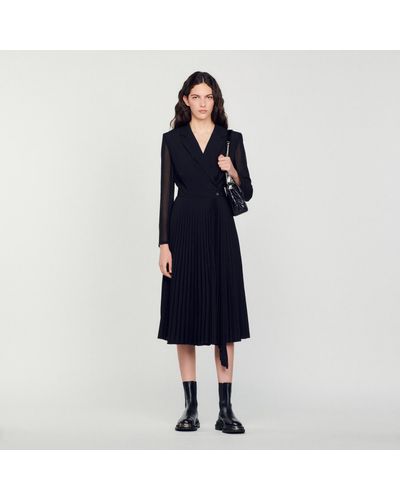 Sandro Dual-Material Long-Sleeved Dress - Black