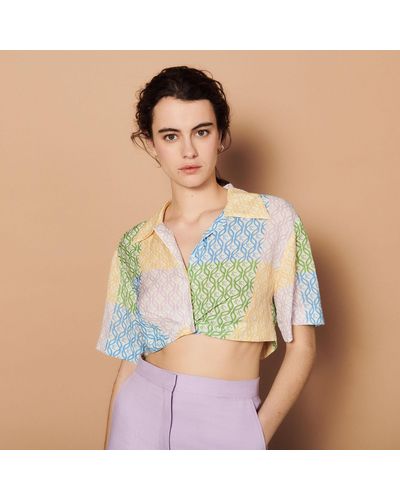 Sandro Printed Patchwork Cropped Shirt - Blue