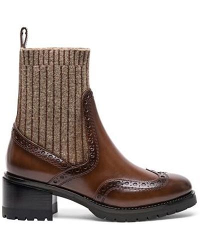 Santoni Leather Low-Heel Brogue Sock-Style Ankle Boot Light - Brown