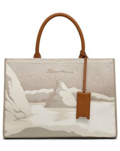 Santoni Fabric Medium Tote Bag Natural - Metallic